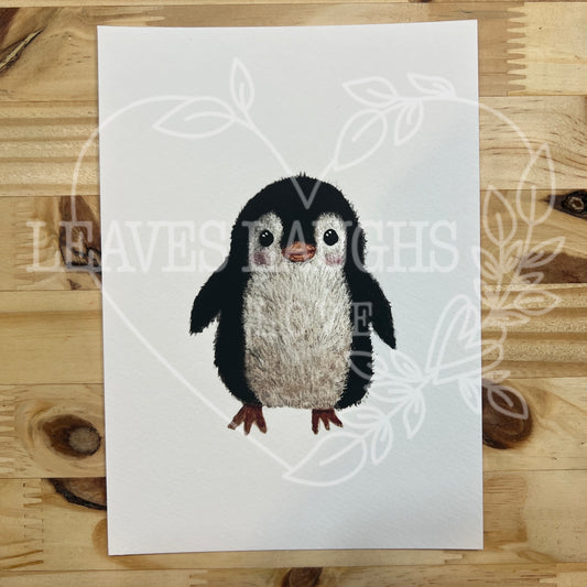 Fuzzy Penguin Original Watercolor Print 5x7”