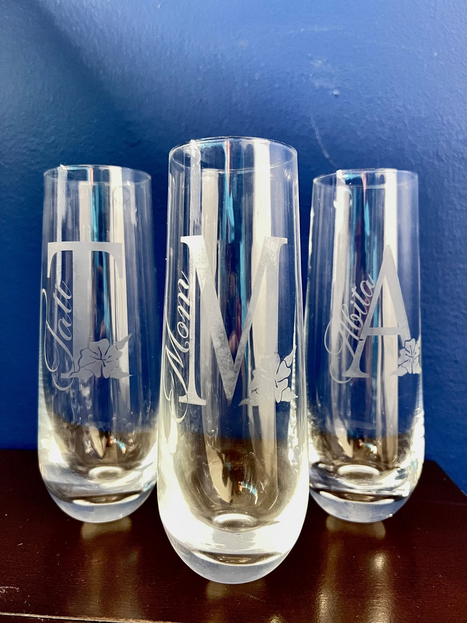 Personalized Stemless Champagne FluteLeaves Laughs LoveLeaves Laughs LoveBS - 1